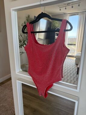 Glitter Square Neck One-Piece Swimsuit - Red